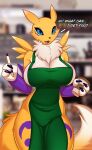  3_fingers anthro apron apron_only bandai_namco big_breasts blue_eyes breasts cafe chest_tuft clothing container cup digimon digimon_(species) digital_media_(artwork) female fingers fur fur_markings green_apron hi_res holding_cup holding_object holding_pen i_mean_breast_milk looking_at_viewer markings meme mostly_nude open_mouth pen renamon shaded smile solo text tuft valkoinen waiter yellow_body 