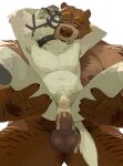  2021 anal anal_penetration anthro armpit_hair balls bareback bodily_fluids body_hair brown_body brown_fur brown_nose canid canine canis collar cum cum_inflation domestic_dog duo ejaculation erection eyes_closed flaccid foreskin fur genital_fluids genitals inflation kemono male male/male mammal mature_male motogen overweight overweight_male penetration penis sex simple_background ursid white_background white_body white_fur 