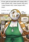  ? anthro apron apron_only areola areola_slip avian beak big_breasts bird breasts brown_eyes clothed clothing container cup english_text eyelashes feathers female green_apron hi_res holding_object hootbias i_mean_breast_milk marker meme mostly_nude multicolored_body non-mammal_breasts owl partially_clothed pink_areola smile solo starbucks stella_day text two_tone_body white_body 