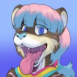  1:1 anthro blue_eyes clothing digital_media_(artwork) dirk_aukea_(artist) eyebrows felid feline female fur hair hi_res lgbt_pride looking_at_viewer mammal mouth_shot multicolored_body multicolored_fur multicolored_hair open_mouth pansexual_pride_colors pride_color_bandanna pride_color_kerchief pride_color_neckerchief pride_colors scarf simple_background smile solo teeth tongue tongue_out 