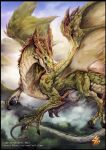 2013 ambiguous_gender chaos-draco claws day detailed_background digital_media_(artwork) dragon feral green_body green_scales horn membrane_(anatomy) membranous_wings open_mouth outside scales scalie sky solo spines teeth text tongue url western_dragon wings 