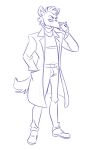  absurd_res anthro beverage birchly blue_and_white clothing coffee coffee_cup container cup hi_res hyaenid karl_(ferretfyre) male mammal monochrome overcoat solo sweater topwear turtleneck turtleneck_sweater 