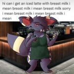  1:1 annoyed anthro apron apron_only breasts claws clothing container cup ear_piercing eeveelution english_text fangs female fur fusion green_apron gremlin_(kaitii) hair hair_over_eye hi_res hybrid i_mean_breast_milk marker meme mostly_nude nidorina nintendo nonbinary_(lore) one_eye_obstructed piercing pok&eacute;mon pok&eacute;mon_(species) pok&eacute;mon_fusion purple_body red_eyes shaded sherbetvap signature soft_shading solo teeth text umbreon video_games 
