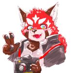  1:1 2021 ailurid anthro biped black_nose blush brown_body brown_fur camera clothed clothing fur hi_res humanoid_hands kannepaz kemono lifewonders male mammal red_body red_fur red_panda shirt simple_background solo tokyo_afterschool_summoners topwear video_games white_background zhurong_(tas) 