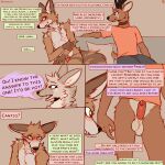  1:1 anthro antlers balls bottomwear brown_body brown_fur canid canine canis cantio_(lawyerdog) cervid cervine clothing collar comic dialogue english_text facial_markings fur genitals head_markings hi_res horn humanoid_genitalia humanoid_penis lawyerdog maki_(lawyerdog) male male/male mammal maned_wolf markings panko_(lawyerdog) penis public public_exposure shirt snout text topwear wolf 