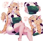  &lt;3 absurd_res anthro apron apron_only big_breasts black_and_white_fur blonde_hair bovid bovine breasts cattle cleavage clothed clothing female green_apron hair hi_res holding_breast i_mean_breast_milk legwear mammal meme mostly_nude rebthgin simple_background solo starbucks text text_on_apron text_on_clothing thigh_highs white_background 