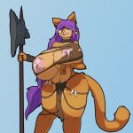  1:1 accessory anthro axe big_breasts blue_eyes bodily_fluids bottomwear breasts clothing domestic_cat felid feline felis female firepawdacat firepawdacat_(artist) hair hair_accessory hairband hi_res holding_breast huge_breasts lactating loincloth long_hair looking_at_viewer mammal melee_weapon orange_body purple_hair smile solo standing torn_clothing weapon 