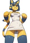  animal_crossing ankha_(animal_crossing) anthro big_clitoris bodily_fluids clitoris clothed clothing domestic_cat felid feline felis female frown genital_fluids genitals looking_at_viewer low-angle_view mammal nintendo no_underwear paws peakbuns pussy pussy_juice simple_background solo standing video_games white_background 