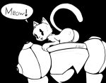  anthro bodily_fluids butt collar english_text felid feline female gato_roboto kiki_(gato_roboto) low_res mammal monochrome nude open_mouth solo sweat text x-red 