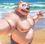  2021 5_fingers absurd_res anthro beach belly black_nose blue_eyes bottomwear clothing episode0006 fingers fur hi_res humanoid_hands kemono male mammal moobs nipples open_mouth open_smile outside overweight overweight_male polar_bear seaside shorts smile solo teeth ursid ursine water white_body white_fur 