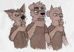  2021 4_fingers anthro bourbon_(knotsicle) bran_(bran-draws_things) canid canine canis clothed clothing container coyote cup dessert digital_media_(artwork) domestic_dog eyewear fingers food fur glasses group half-closed_eyes head_tuft holding_cup holding_food holding_ice_cream_cone holding_object ice_cream ice_cream_cone licking male mammal moses_(samur_shalem) narrowed_eyes neck_tuft samur_shalem shirt t-shirt tongue tongue_out topwear trio tuft 