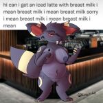  1:1 annoyed anthro big_breasts breasts chubby_female claws cleft_of_venus container cup ear_piercing eeveelution english_text fangs female fur fusion genitals gremlin_(kaitii) hair hair_over_eye hi_res hybrid i_mean_breast_milk marker meme mostly_nude nidorina nintendo nipples nonbinary_(lore) nude one_eye_obstructed piercing pok&eacute;mon pok&eacute;mon_(species) pok&eacute;mon_fusion purple_body pussy red_eyes shaded sherbetvap signature slightly_chubby soft_shading solo teeth text umbreon video_games 