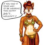  2021 anthro archie_comics art-of-matthew black_nose bottomwear breasts brown_body brown_fur chipmunk clothing cosplay costume english_text female fur ground_squirrel hair hi_res loincloth mammal midriff navel pinup pose red_hair rodent sally_acorn sciurid sega simple_background slave_leia_costume solo sonic_the_hedgehog_(archie) sonic_the_hedgehog_(comics) sonic_the_hedgehog_(series) star_wars text white_background 