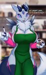  3_eyes 3_fingers apron apron_only bandai_namco big_breasts blue_eyes breasts cafe chest_tuft clothing container cup digimon digimon_(species) digital_media_(artwork) female fingers fur fur_markings green_apron grey_body hi_res holding_cup holding_object holding_pen horn i_mean_breast_milk looking_at_viewer markings meme mostly_nude multi_eye open_mouth pen renamon shaded smile solo text tuft valkoinen waiter 