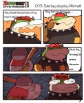  2021 anthro bat_(object) bowser clothing comic crying_laughing duo english_text eyes_closed hi_res humanoid_hands koopa male mario_bros nintendo scalie scared shirt slightly_chubby strauburi text topwear video_games 