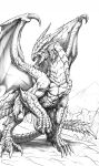  2009 absurd_res ambiguous_gender chaos-draco claws dragon feral hi_res horn membrane_(anatomy) membranous_wings monochrome open_mouth scales scalie solo spines standing teeth tongue traditional_media_(artwork) western_dragon wings 