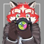  1:1 2021 ailurid anthro biped camera clothed clothing fur hi_res hmkeito humanoid_hands kemono lifewonders male mammal red_body red_fur red_panda shirt simple_background solo tokyo_afterschool_summoners topwear video_games white_body white_fur zhurong_(tas) 