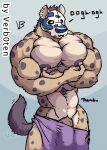  2021 abs anthro areola biceps big_muscles big_pecs brown_body brown_fur brown_spots ear_piercing english_text fur genitals hi_res hyaenid male mammal mask moan moaning_in_pleasure muscular muscular_anthro muscular_male navel nipple_fetish nipple_focus nipple_piercing nipples pecs penis penis_base piercing solo spots spotted_body spotted_fur tan_body tan_fur text themba_jua-mata towel towel_only towel_slip vein veiny_penis verb0ten 