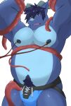  alpha_channel anthro arms_tied belly big_belly blue_belly blue_body blue_eyes bound bound_by_tentacles bulge christopher_wyvern chubby_male clothing dragon eyepatchedfloof hair hands_tied hi_res horn jockstrap lace-up_jockstrap laces looking_down male musclegut navel navel_fetish navel_poke nipple_fetish nipple_piercing nipple_play nipple_pull nipples open_mouth overweight pecs piercing pubes raised_arm scalie solo tentacle_bondage tentacles thick_thighs underwear 