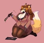  allysia_(killy) alternate_version_at_source anthro big_breasts bottomwear bra breasts business_attire button_pop canid canine chopsticks cleavage clothed clothing dipstick_tail distracting_watermark female food fox hair hi_res kneeling legwear looking_at_viewer mammal markings multicolored_tail office_lady pantyhose pencil_skirt plate ponytail satanickpaws skirt smile smirk smug solo sushi tail_markings thick_thighs underwear watermark wide_hips 