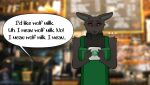  anthro apron bedsheetwalking canid canine canis clothing crimson_wolf dialogue domestic_dog english_text green_apron i_mean_breast_milk looking_at_viewer male mammal meme red_eyes speech_bubble tagme text wolf 