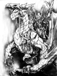  2010 ambiguous_gender chaos-draco clothed clothing dragon duo female feral horn membrane_(anatomy) membranous_wings monochrome riding scales traditional_media_(artwork) wings wyvern 