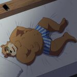 1:1 2021 anthro bed belly brown_body brown_fur cellphone clothing eyes_closed fur furniture hi_res humanoid_hands kemono lifewonders lying male mammal overweight overweight_male phone pillow sleeping smartphone solo tokyo_afterschool_summoners underwear ursid video_games volos yaki_atsuage 