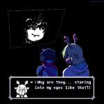  1:1 aamakuruu ambiguous_gender antlers armor being_watched black_background blonde_hair blue_body blue_skin breaking_the_fourth_wall capreoline cervid clothed clothing dark dark_hair deltarune dialogue dialogue_box digital_media_(artwork) disembodied_face duo english_text female freckles hair hi_res hoodie horn human kris_(deltarune) looking_at_another mammal nightmare_fuel noelle_holiday pixel_(artwork) reindeer shadowed_eyes simple_background snowgrave text text_box topwear undertale_(series) video_games white_clothing white_hoodie white_topwear 