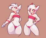  5_fingers anthro breasts brown_background clothed clothing conditional_dnp female fingers fur hair hi_res kae_esrial markings midriff navel orange_eyes qualzar red_clothing simple_background smile solo standing thick_thighs white_body white_fur white_hair wide_hips 