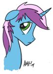  blue_body ears_down equid equine frown green_eyes gyro_tech hasbro hi_res horn looking_back male mammal mane my_little_pony pivoted_ears purple_body solo tony_fleece unicorn 