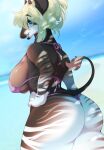  absurd_res anthro beach big_breasts big_butt bikini bikini_thong blonde_hair blue_eyes breasts brown_body butt clothing digital_media_(artwork) female fur giraffid hair hand_on_hip hi_res horn lemoco looking_at_viewer mammal okapi seaside shaded smile solo stripes swimwear 