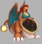  2019 3_toes 4_fingers abdominal_bulge after_vore ambiguous_gender ambiguous_prey anthro anthro_pred anthro_prey anthrofied belly big_belly big_breasts biped black_eyelashes black_eyes bodily_fluids bottomwear breasts charizard claws cleavage clothed clothing countershade_scales countershade_tail countershade_torso countershading curvy_figure digestion digital_media_(artwork) dragon fan_character fatal_vore feet female female_focus female_pred finger_claws fingers fire flaming_tail frown fully_clothed grey_background group hair hand_on_stomach hi_res holding_belly internal larger_female loincloth membrane_(anatomy) membranous_wings midriff misha_(misha) multicolored_body multicolored_scales nintendo non-mammal_breasts orange_body orange_scales organs overweight overweight_anthro overweight_female partially_submerged pok&eacute;mon pok&eacute;mon_(species) pok&eacute;morph red_hair reptile robomax scales scalie semi-anthro shaded simple_background size_difference skimpy smaller_ambiguous smile snout soft_vore solo_focus standing stomach stomach_acid tan_body tan_countershading tan_scales thick_thighs three-quarter_view toe_claws toes topwear translucent translucent_body two_tone_body two_tone_scales unwilling_vore video_games voluptuous vore white_claws wide_hips wings 