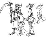  2021 anthro claws female flat_chested greyscale guoh holding_object holding_weapon horn kobold melee_weapon monochrome polearm scythe simple_background sketch solo weapon white_background 