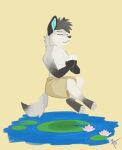  2018 anthro canid canine canis clothed clothing eyes_closed floating flower lily_pad male mammal meditation plant pond solo suspended_in_midair thelivingtrashcan topless water wolf 