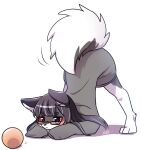  2021 3_toes anthro ass_up ball black_hair blue_eyes blush canid canine canis clothing domestic_dog eyewear feet female fur glasses grey_body grey_clothing grey_fur grey_shirt grey_topwear hair hi_res jack-o&#039;_pose kemono long_hair long_sleeves mammal multicolored_body multicolored_fur nachiwanko orange_ball pose raised_tail red_eyewear red_glasses shaded shirt simple_background snout solo toes topwear two_tone_body two_tone_fur white_background white_body white_fur 