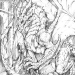  1:1 2012 ambiguous_gender chaos-draco claws clothed clothing dragon duo female feral hi_res horn human mammal membrane_(anatomy) membranous_wings monochrome scales scalie spines traditional_media_(artwork) western_dragon wings 