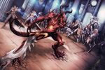  2010 chaos-draco demon digital_media_(artwork) digitigrade feet fingers group hi_res horn human humanoid male mammal not_furry open_mouth red_body red_scales scales teeth toes tongue 