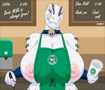  2021 animated anthro apron apron_only areola artist_name bedroom_eyes big_areola big_breasts blue_eyes blush bodily_fluids bouncing_breasts breast_jiggle breasts clothing collar conditional_dnp container cup curvy_figure detailed_background digital_media_(artwork) dinosaur english_text evov1 eyelashes female fingers front_view green_apron hourglass_figure huge_areola huge_breasts i_mean_breast_milk indominus_rex inside jurassic_park jurassic_world lactating looking_at_viewer meme milk mostly_nude motion_tweening narrowed_eyes nipples pen reptile scales scalie seductive short_playtime solo standing text text_on_apron text_on_clothing theropod universal_studios voluptuous white_body white_scales wide_hips yuki_(evov1) yukiminus_rex_(evov1) 