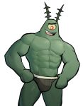  1_eye 2021 abs antennae_(anatomy) anthro big_muscles bulge clothing cursed_image hands_on_hips hi_res jrjresq male marine muscular muscular_anthro muscular_male nickelodeon obliques open_mouth open_smile pecs plankton_(species) sheldon_j._plankton simple_background smile solo spongebob_squarepants standing teeth thong tongue underwear white_background why 