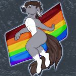  1:1 anthro belly black_muzzle brokenvocaloid brown_eyes brown_hair dallas_prairiewind equid equine flag fur grey_body grey_fur hair hi_res horse leg_markings lgbt_pride male mammal markings nude pride_colors rainbow_flag rainbow_pride_flag rainbow_symbol simple_background six-stripe_rainbow_pride_colors socks_(marking) solo thick_thighs white_belly white_markings 