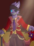  3:4 anthro blue_eyes cane claws clothing domestic_cat eye_patch eyewear felid feline felis fur hat headgear headwear male mammal paul_(snizzydraws) purple_body purple_fur sharp_teeth smile snizzydraws solo suit teeth top_hat 