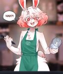  annoyed anthro apron apron_only clothing digital_media_(artwork) female fur green_apron hair hi_res i_mean_breast_milk ima_(imabunbun) imabunbun lagomorph leporid mammal meme mostly_nude pink_hair rabbit shaded solo white_body white_fur 