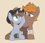  2021 bandage bethesda_softworks calamity_(fallout_equestria) clothing cowboy_hat duo equid equine fallout fallout_equestria fan_character female feral hasbro hat headgear headwear hi_res horn littlepip male mammal my_little_pony pegasus pip-boy shinodage simple_background unicorn video_games wings 