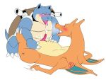  4:3 animal_genitalia anthro blastoise bodily_fluids breath breathing charizard cloaca cloacal cloacal_penetration cloacal_penis cum cum_in_mouth cum_inside cum_while_penetrated cumshot dragon duo ejaculation flat_colors from_front_position genital_fluids genitals half-closed_eyes lying male male/male missionary_position narrowed_eyes nintendo on_back penetration pok&eacute;mon pok&eacute;mon_(species) purplevulpes reptile saliva saliva_string scalie sex sharp_teeth simple_background simple_coloring teeth tortoise turtle video_games white_background wings 
