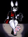  4_toes anthro black_hair claws clothing dondon feet foot_fetish foot_focus footwear hair hi_res humanoid humanoid_feet lagomorph leporid looking_at_viewer male mammal one_shoe_on paws plantigrade rabbit red_eyes soles solo toeless_footwear toes vampire 