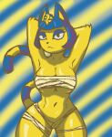  animal_crossing ankha_(animal_crossing) anthro big_breasts biped blue_hair breasts butt curvy_figure digital_media_(artwork) domestic_cat egyptian_cat eyeshadow felid feline felis female foxette hair hands_behind_head hi_res looking_at_viewer makeup mammal navel nintendo signature small_mouth solo thick_thighs video_games voluptuous yellow_body 