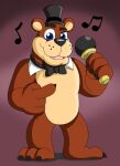  3_toes 4_fingers anthro blue_eyes bow_tie brown_bear brown_body brown_fur claws clothing countershade_torso countershading featureless_crotch feet finger_claws fingers five_nights_at_freddy&#039;s freddy_(fnaf) fur grizzly_bear hat headgear headwear hi_res holding_microphone holding_object male mammal microphone musical_note nude open_mouth open_smile pose smile solo standing tan_body tan_fur toe_claws toes tongue top_hat tyrotspacecat ursid ursine video_games whisker_spots 