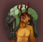  anthro antlers blood blood_drip blood_on_face blue_eyes bodily_fluids bound_wrists cervid devilenby duo felid feline fur gore green_body green_fur grey_eyes hi_res horn impalement lynx male male/male mammal orange_body orange_fur rope spots tears 