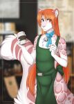  accelo accelo_(character) anthro apron apron_bow apron_only bell bell_collar big_tail blue_eyes blurred_background bow_ribbon bulge chest_tuft claws clothing coffee_cup coffee_shop collar confusion container cup eyebrow_through_hair eyebrows felid fluffy fluffy_tail fur girly green_apron hair heterochromia hi_res i_mean_breast_milk long_hair male mammal meme mostly_nude notebook orange_hair pantherine pencil_(object) pink_body pink_eyes pink_fur pink_nose raised_eyebrow snow_leopard solo starbucks translucent translucent_hair tuft white_body white_fur wide_hips 