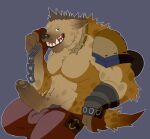  4_fingers anthro ball_bulge bedroom_eyes biceps big_penis blizzard_entertainment bottomwear brown_body brown_fur chain chest_tuft claws clothed clothing collar erection finger_claws fingers fleshformomo fur genitals gnoll green_eyes hogger hyaenid looking_at_viewer male mammal muscular muscular_anthro muscular_male narrowed_eyes navel open_bottomwear open_clothing open_mouth open_pants open_smile pants pants_only pecs penis reclining seductive sharp_teeth shirtless simple_background sitting smile solo spiked_collar spikes spots spotted_body spotted_fur tan_body tan_fur teeth tongue tuft video_games warcraft 
